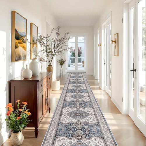 RUUGME Washable 3x20 Runner Rugs - Hallway Runner Rug for Living Room Stain Resistant Carpet with Non Slip Backing Vintage Rugs for Bedroom Kitchen Floor Decoration Mat 3x20 Navy