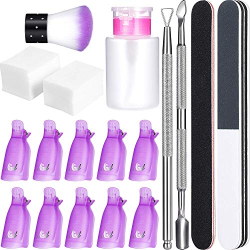 Gel Nail Polish Remover Kit, include 600 Pieces Wipe Cotton Pads, 10 Pieces Nail Clips Caps, 3 Pieces Nail File, Triangle Cuticle Pusher and Cutter Set, Nail Brush, Push Down Pump Dispenser Bottle