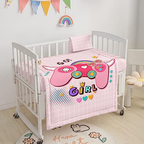 Image of Crib Bedding Set,3pcs Nursery Crib Bedding with Comforter Crib Sheet & Crib Skirt,Pink Gamepad Printed Nursery Bedding for Baby Boys and Girls(Gamepad Pink)