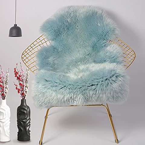 HUAHOO Genuine Sheepskin Rug Fluffy Rug Real Sheepskin for Bedroom Sheep Fur Genuine Blanket Natural Fur Single Tiffany-Blue 60x90cm Cover