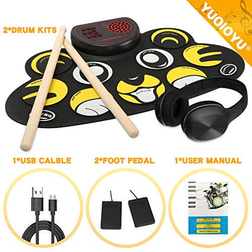 YUOIOYU Electronic Drum Set - 9 Pad Flexible Roll Up Drum Kit Practice Pad with Foot Pedals, Built in Speakers & Drum Sticks, Great Holiday Birthday Gift for Kids/Beginners