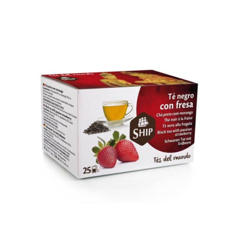 Ship - Té Negro con Fresa - Caja de 25 Unidades - Propiedades Antioxidantes - Ayuda a Activar la Mente - Contiene Vitaminas y Minerales - Aporta Bienestar y Tranquilidad - Infusiones y Tés