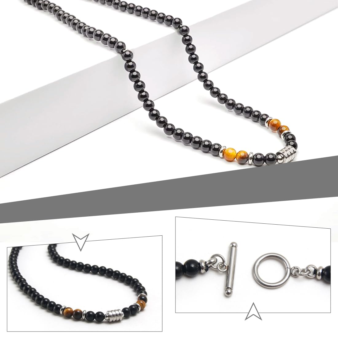 Collana da Uomo in Pietre e Cristalli, Collana da Uomo con Perle di Pietre Naturali e Cristalli, Collana in occhio di tigre e ossidiana