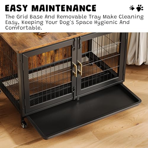37.5 Inch Dog Kennel Furniture, Heavy Duty Dog Crate Furniture with Wheels, Grid Base, Removable Tray, Latches, Indoor Farmhouse Dog Cage for Medium and Small Dogs, Brown
