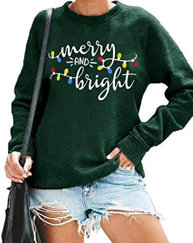 Image of Christmas Sweatshirt Women Merry and Bright Christmas T-Shirt Funny Xmas Lights Blouse Tops Holiday Shirts
