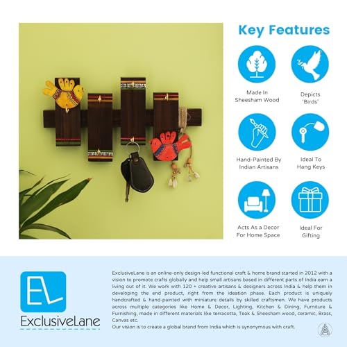 Image of ExclusiveLane 'Birds On Planks' Warli Handpainted Wooden Key Holder for Home Decor Stylish (6 Hooks, Sheesham Wood)| Key Hangers for Wall Key Holder Stand Key Stand for Wall Key Chain Holder for Wall