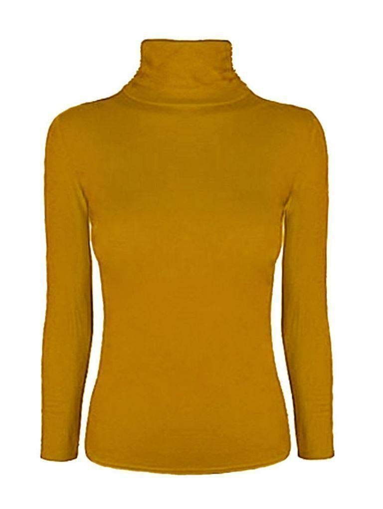 Fashion Lovers Ladies Women Stretch Plain Polo Turtle Roll Neck T Shirt Jumper Top Mustard