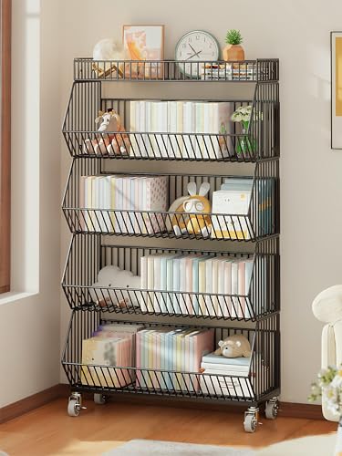 Rjdjbflc Commercial Supermarket Display Cart - 5-Tier Industrial Slanted Rolling Shelves Metal Storage Rack for Retail Store, Warehouse & Home Use, 55LBs/Tier Tool-Free Setup