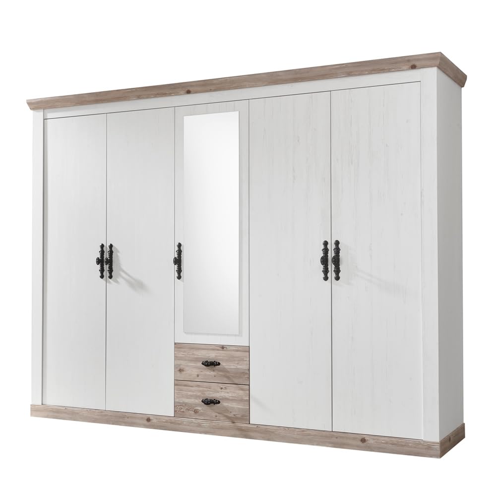 Lomadox Schlafzimmermöbel Komplett Set 5-TLG. im Landhausstil, Pinie weiß Nb. mit Pinie dunkel Nb.
