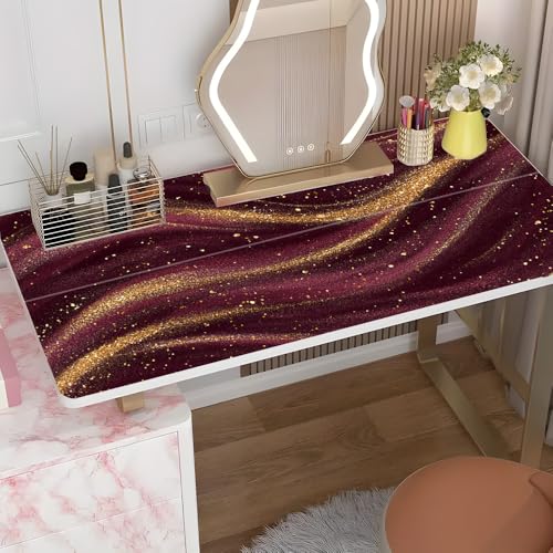 Image of Maroon Gold Sparkle Desk Sticker, Glamorous Wavy Abstract Desktop Decor, Waterproof Table Surface Protector for Home Office, 39.37x23.62 Inch