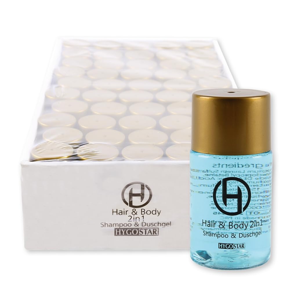 500 Stück Hygostar Hair & Body, 2in1 | Flasche, hellblau, V: 25ml, Umfang: 2,8cm, H: 7,5cm, Hotel Shampoo und Duschgel, Hotel Einweg Hair & Body, 2in1, Hotelkosmetik, Einmalkosmetik, Einwegkosmetik
