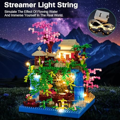 Image of SKY LINE OCEAN Cherry Blossom Tree Building Set (1435 PCS) - Japanese Sakura House Architecture with LED Lights, Micro Bonsai Building Blocks, Creative Construction Gift for Adults & Kids (14+ Years)