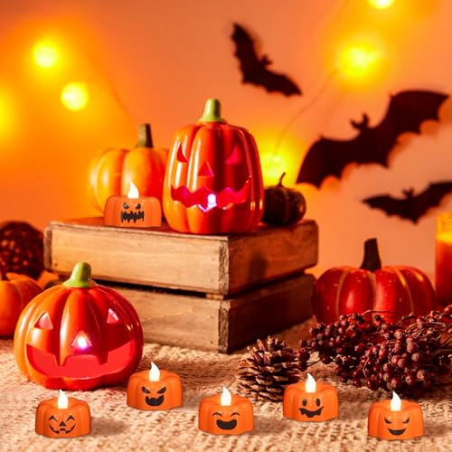 Image of Eldnacele Halloween Pumpkin Lights Flameless Candles 6H Timer, Battery Operated Ghost Face LED Flickering Tealights Candle Fall Tabletop Spooky Candles Halloween Decoration Indoor(6Pcs,1.9 inchx1.6 inch)