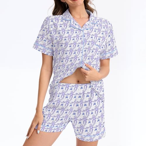 Image of Ammiko Womens Pajamas Set Y2k Loungewear Pajama Button Down Top and Shorts Monkey Beach Short Sleeve Sleepwear Preppy