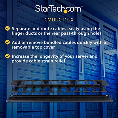 Image of StarTech.com 1U Horizontal Finger Duct Rack Cable Management Panel with Cover - Server Rack Cable Duct - Rack Cable Organizer / Manager (CMDUCT1UX),Black
