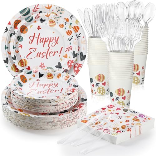 FoldTier 350 Pcs Easter Plates and Napkins Set Include 100