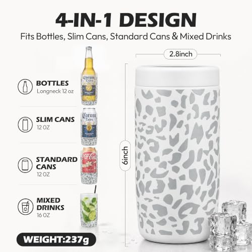 Image of 4-in-1 Slim Can Cooler Easy to Hold Insulated Beer Can Holder Double-walled Stainless Steel for All 12 Oz Cans Gift (White Leopard)