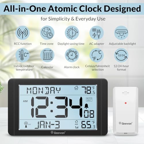 Geevon Atomic Clock with Indoor Outdoor Temp &10.8" Large LCD Display - Image 2