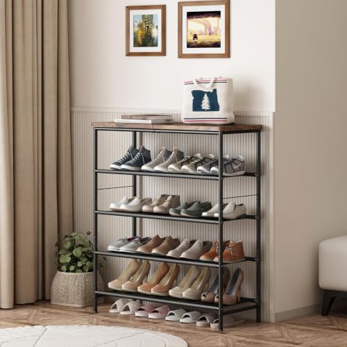 Image of INGIORDAR Shoe Rack Organizer 5 Tier Metal Organizer Shelf with Industrial MDF Board and Layer Fabric for Entryway Closet Bedroom Living Room Garage,Black & Rustic Brown (Black+Rustic Brown, 5 Tier)