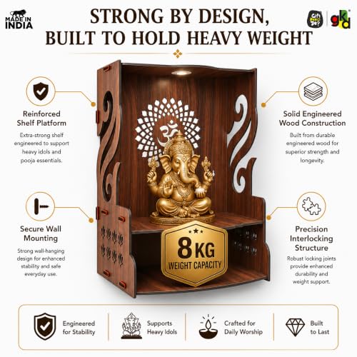 Image of Gift Kya De Wooden Temple for Home Pooja with LED Light | Swan Design Mandir for Wall /Table Top | Home Temple with Om Carving | Pooja Mandir for Living Room, Office Decor (15 x 12 x 9 Inch, Brown)