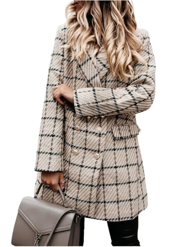 Image of utcoco Womens 2025 Fashion Tweed Blazers Business Casual Double Breasted Open Front Plaid Blazer Jackets (X-Large, Khaki)
