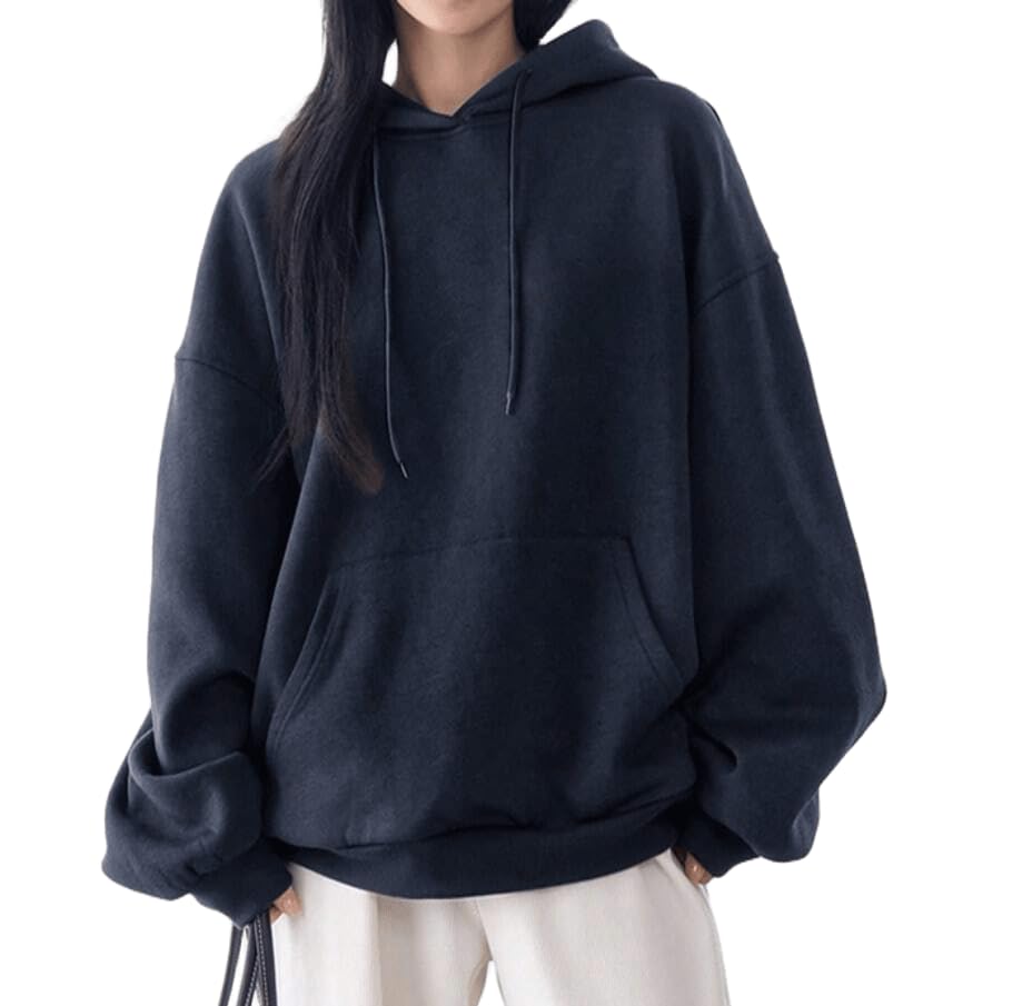 Grey Solid Autumn New Loose Casual Hooded Sweatshirt for Women-image-29