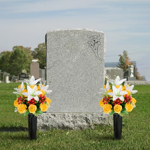 Artificial Cemetery Flowers with Vase, Set of 2 Rose Lily Bouquet Graveside Decoration, Artificial Memorial Flowers for Easter Mother's Day Arrangements (Yellow) image 4