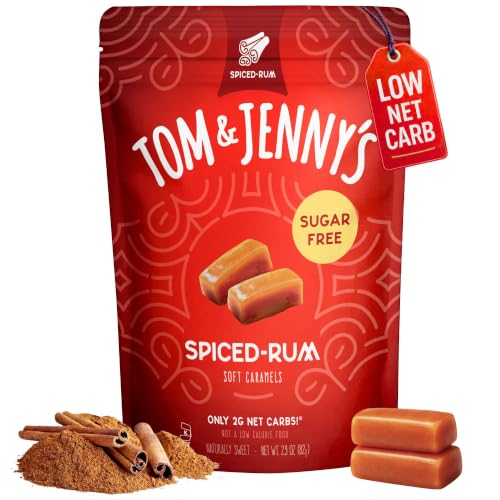 Tom & Jenny's Sugar Free Candy Soft Caramels Individually Wrapped - Sea Salt & Vanilla - Low Net Carb Keto Zero Sugar Candy with Allulose & Maltitol (Spiced Rum Chewy Caramels) 1 Pack