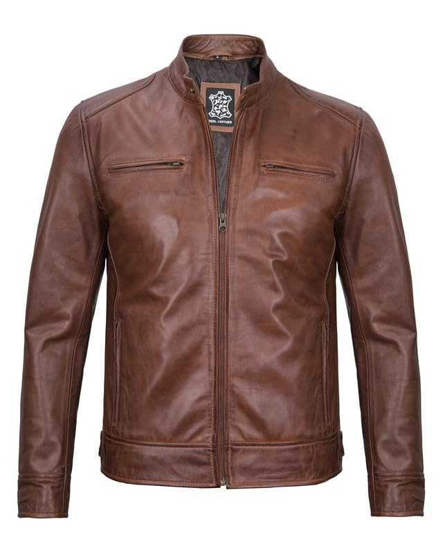 Image of Decrum Mens Leather Jacket - Cafe Racer Style Real Lambskin Leather Jacket Men