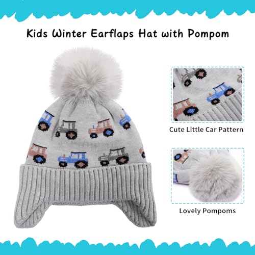 Kids Winter Hat with Ear Flaps, Toddler Boys Girls Fleece Lined Knit Beanie Colorful Pattern Pom Pom Ski Cap for 2-10Y3