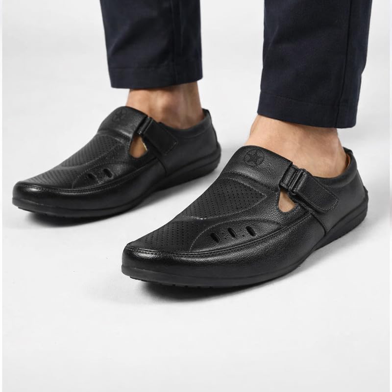 Image of FAUSTO Men's Back Open Perforated Breathable Casual Sandal With Cushioned Footbed|Adujstable Strap Stitched Slip On Sandal For Work|Evening