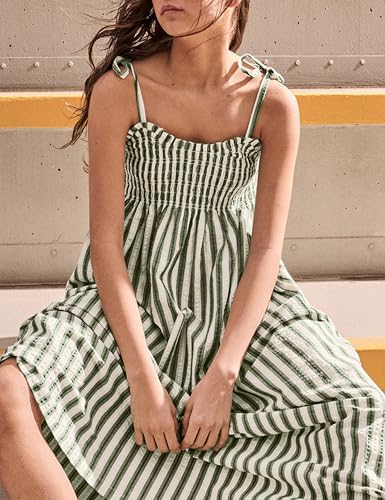 Image of Lentta Women's Striped Smocked Maxi Dress Causal Spaghetti Strap Stretchy Flowy Swing Long Dress with Pockets