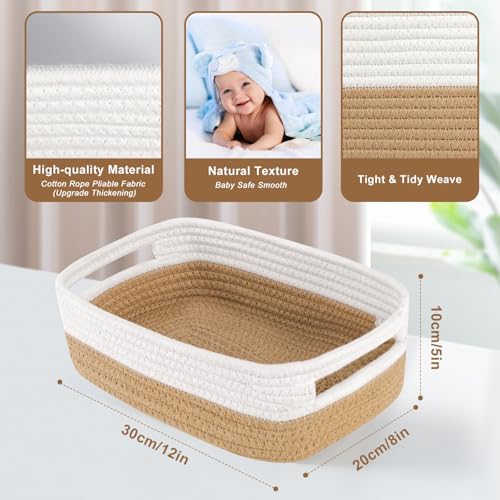 Image of Small Basket with Gift Bags and Ribbons,Small Woven Basket Cute Oval Cotton Rope Gifts with Handle Empty Baby Wicker Storage Basket for Baby Showers Pet Toy Bin (White brown, 3 Pack (12 inchx 8 inchx 5 inch))