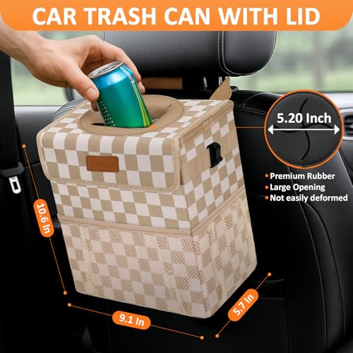 Image of Vankor Car Trash Can Bin with Lid Hanging for Back Seat, Car Accessories for Women Men Leak Proof Automotive Garbage Cans Leakproof Vehicle Trash Can for Truck SUV,Khaki Checkered