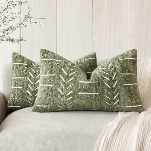 Image of Foindtower Set of 2 Decorative Chenille Jacquard Throw Pillow Covers Textured Farmhouse Lumbar Cushion Covers Modern Boho Accent Home Decor for Sofa Chair Couch Bed Living Room,12x20 Inch,Olive Green