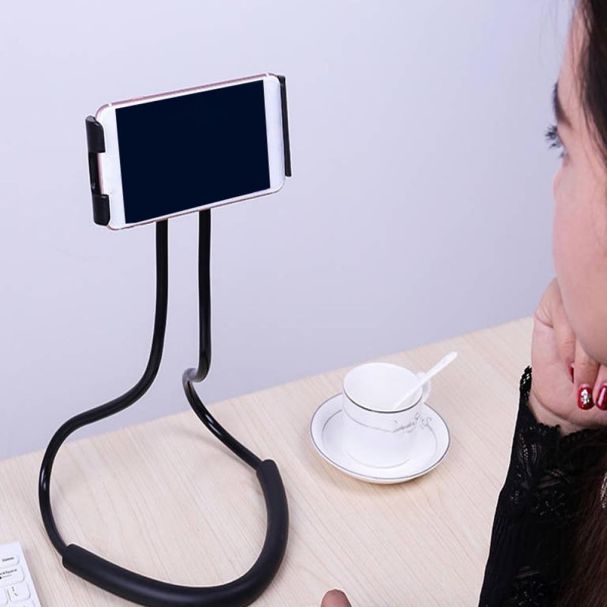 Soporte Silicona para Negro Cuello Teléfono Móvil Colgar de Brazo Flexible Aleación de Aluminio y Antichoque para Uso Cómodo