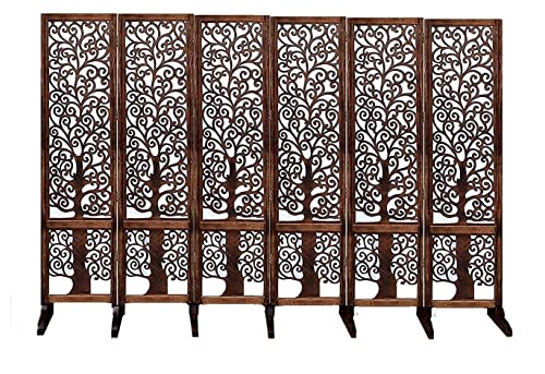Image of Artesia Wooden Handcrafted 6 Panel Room Divider with Stand Partition for Living Room | Foldable Privacy Screen with Tree of Life Carved Design | Decorative Partition Wall Panel for Home, Bedroom