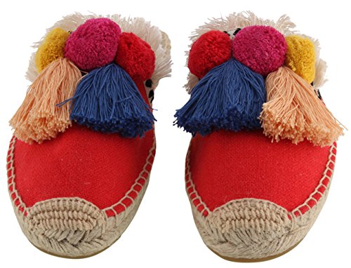 U-Lite Women's Frayed Red Tassel Pom Pom Embroidered Canvas Mule Shoes Espadrilles Flats 10 #TOP1
