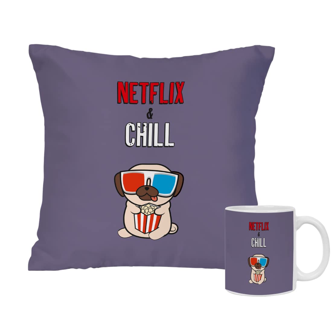 Crazyify Netflix & Chill Cushion Mug Gift Combo | Gift for Friend/Family/Relative| Best Gift for Birthday/Anniversary/Valentine | Decorative Cushion/Pillow (12x12 Inches) with 350ml Coffee Mug