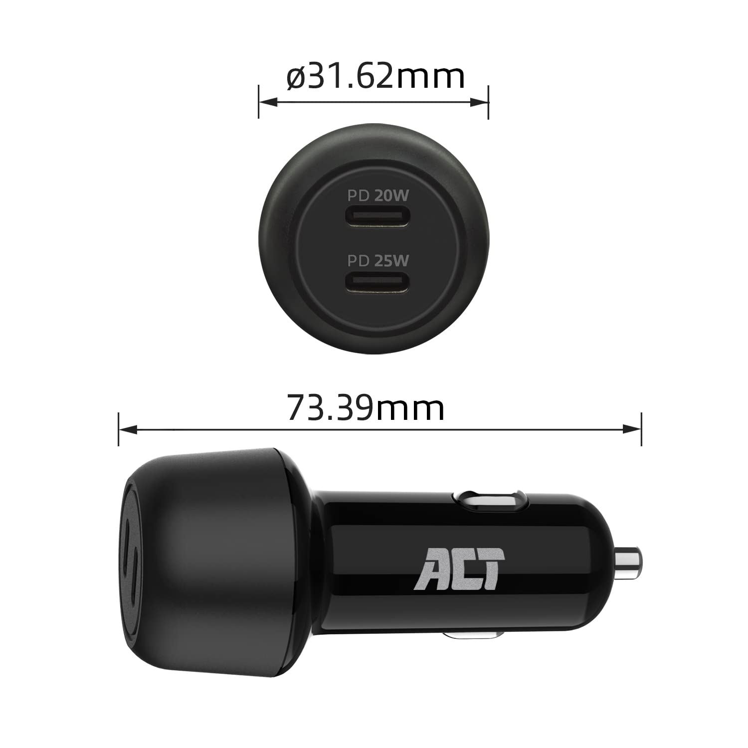 ACT Ładowarka samochodowa USB-C, 2 x USB-C, funkcja Power Delivery do samochodów osobowych i ciężarowych, szybkie ładowanie 2 urządzeń jednocześnie, odpowiednia dla smartfonów Apple i Android, 45 W, 3