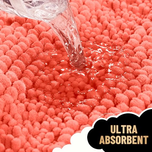 Image of OLANLY Thick Bathroom Runner Rugs 47x17, Extra Absorbent Chenille Striped Bath Rugs, Rubber Backing, Machine Wash Dry, Long Bath Mats for Bathroom Floor, Tub and Shower, Home Decor Accessories, Coral