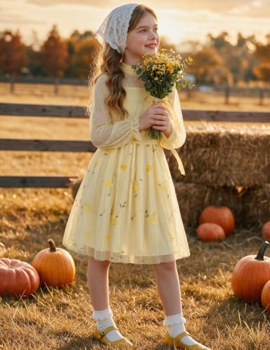 Image of Arshiner Girls Dresses Contrast Mesh Puff Long Sleeve Formal Party Dress