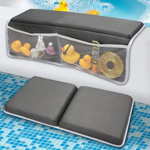 Image of Baby Bath Kneeler and Elbow Rest Pad Set, Bathtub Mat with Memory Foam and Bath Toy Organizer, Quick Dry Bath Kneeling Pad for Baby Bath Time, Non-Slip Bath Mat Relieve Knees and Elbows (Grey, Large)