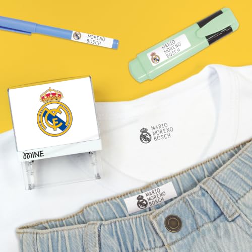 Mine Stamp Marcador de Ropa y Libros y Recambio de Tinta en Color Negro | Sello Personalizado de Ropa para Adulto y Niños | Resistente a Lavados (Sello Real Madrid)