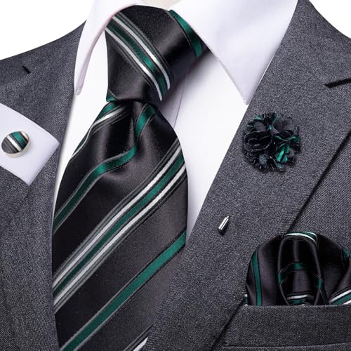 Image of Dubulle Mens Black Green Tie and Lapel Pin 4Pcs Set Formal Striped Dress Necktie with Pocket Square Cufflinks Wedding Party