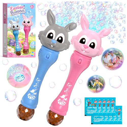 Easter Bubble Wand for Kids 2-Pack, Bunny Bubble Machine with LED Light, Bubble Blower Bubble Maker with 10 Refill Solutions, Outdoor Toys Birthday...