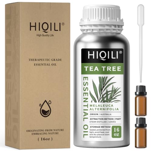 Image of HIQILI Tea Tree Oil for Skin, Hair, Nail, Diffuser, Soap Making | Includes Two Portable Decanters - 500mL / 16 fl.oz