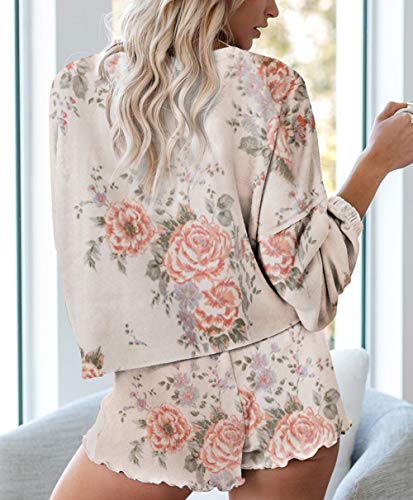 T1Fe 1Sfe Womens Floral Print Lounge Sets Long Sleeve Top Ruffle Shorts 2 Piece Pjs Sets Nightwear Sleepwear Loungewear Outfits #TOP1