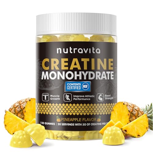 Nutravita Creatine Monohydrate Gummies for Men & Women-5g of Creatine Monohydrate per Serving - Sugar Free,Vegan,Pineapple Flavor, 120 Count