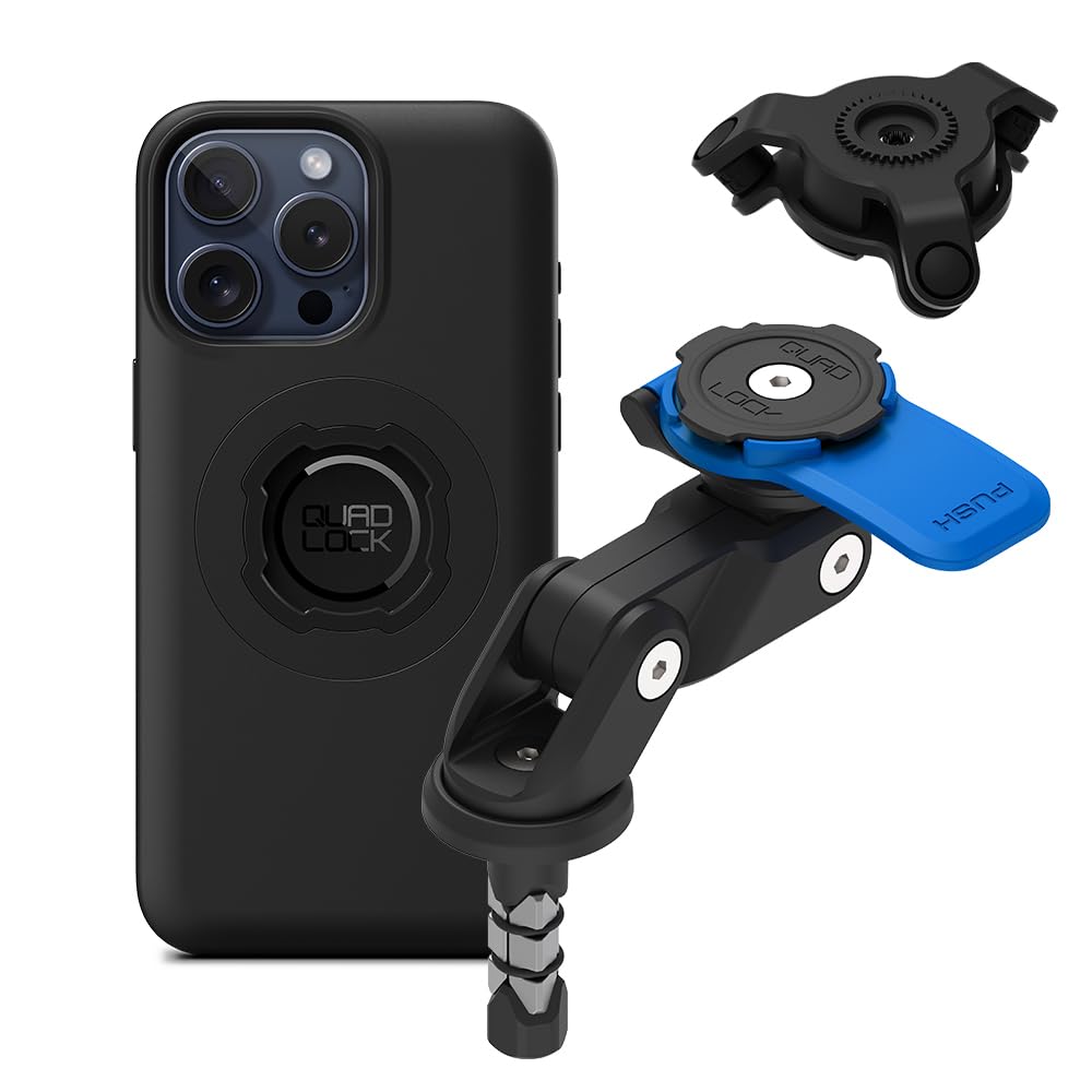 QUAD LOCK Gabelschaft-Handyhalterung (V2) für Motorrad mit Vibrationsdämpfer und MAG Hülle für iPhone 15 Pro Max